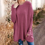 Round Neck Long Sleeve Loose Pocket Solid T-Shirt