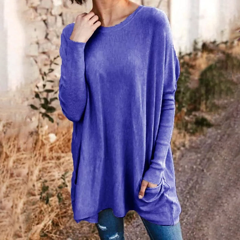 Round Neck Long Sleeve Loose Pocket Solid T-Shirt