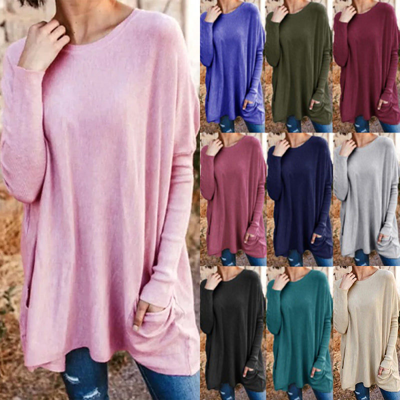 Round Neck Long Sleeve Loose Pocket Solid T-Shirt