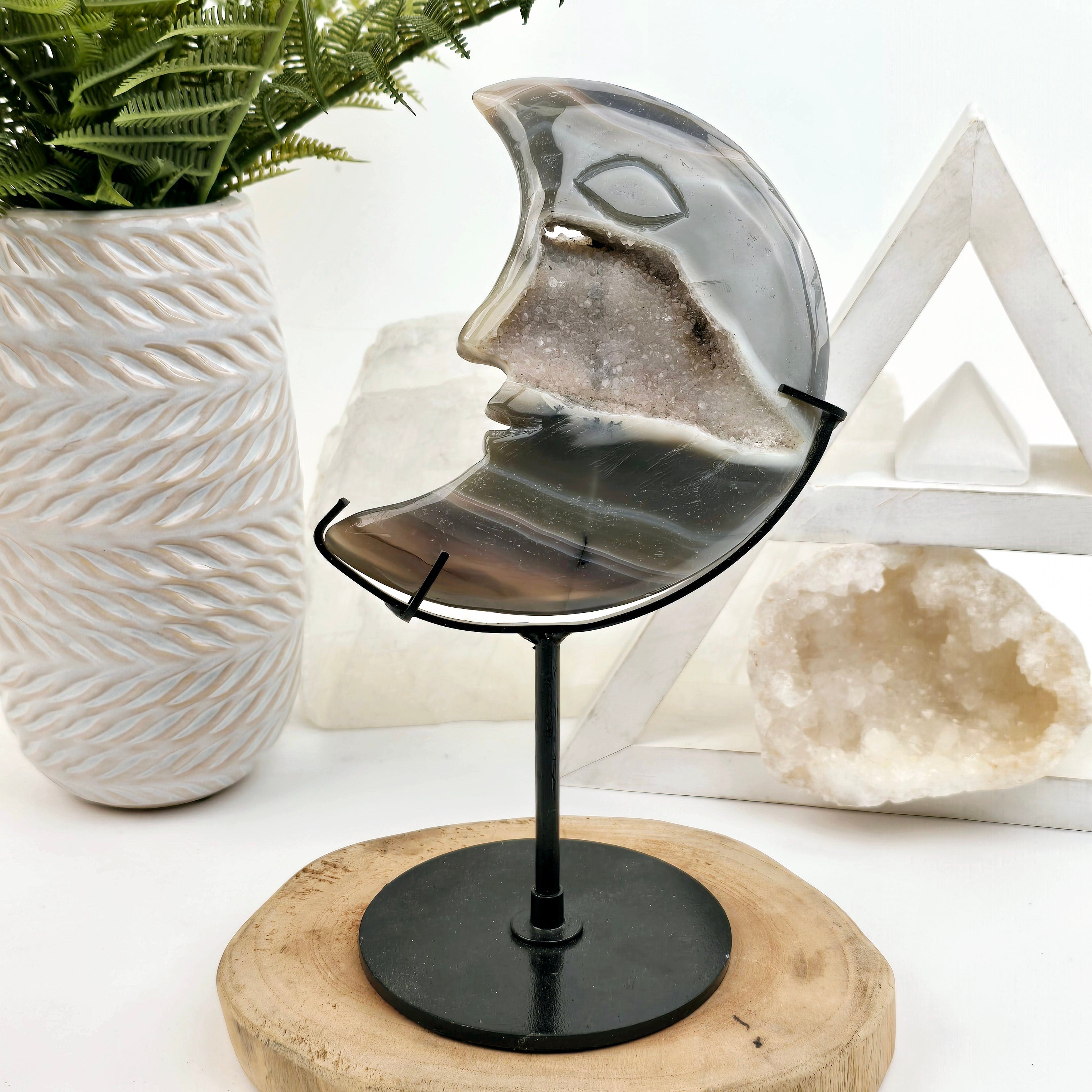 Agate Crystal Moon Carving on Metal Stand