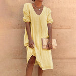 Solid Color V Neck Latern Sleeve Dress