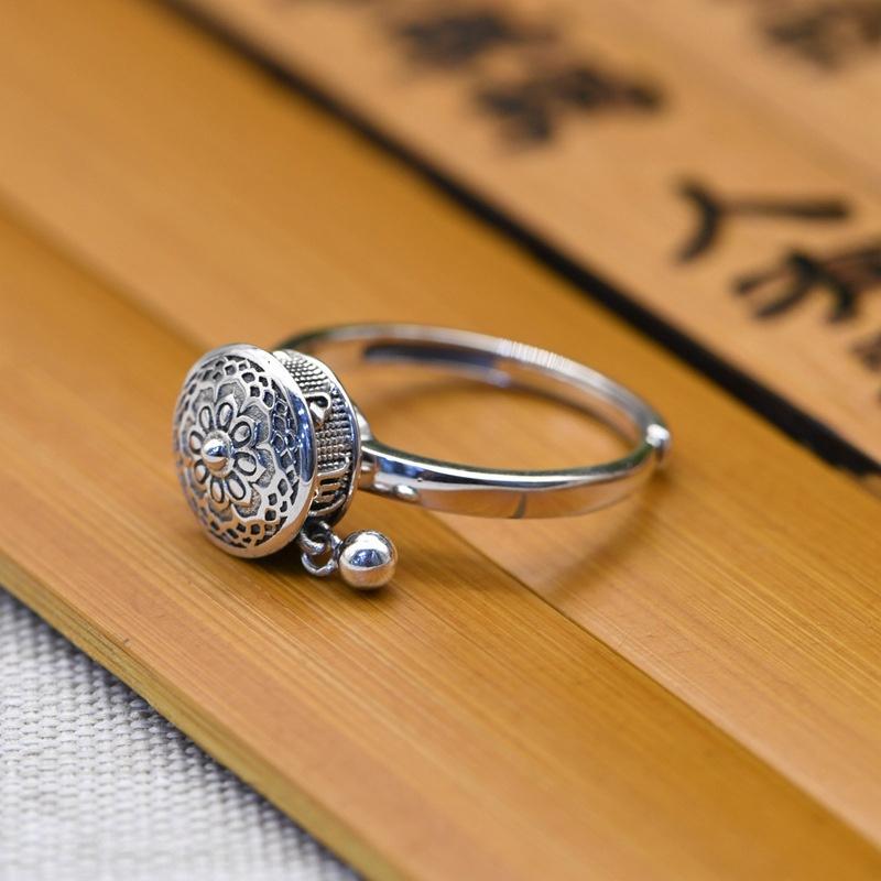 Buddhist Tibetan Prayer Wheel Ring OM Mantra Lotus Floral Ring