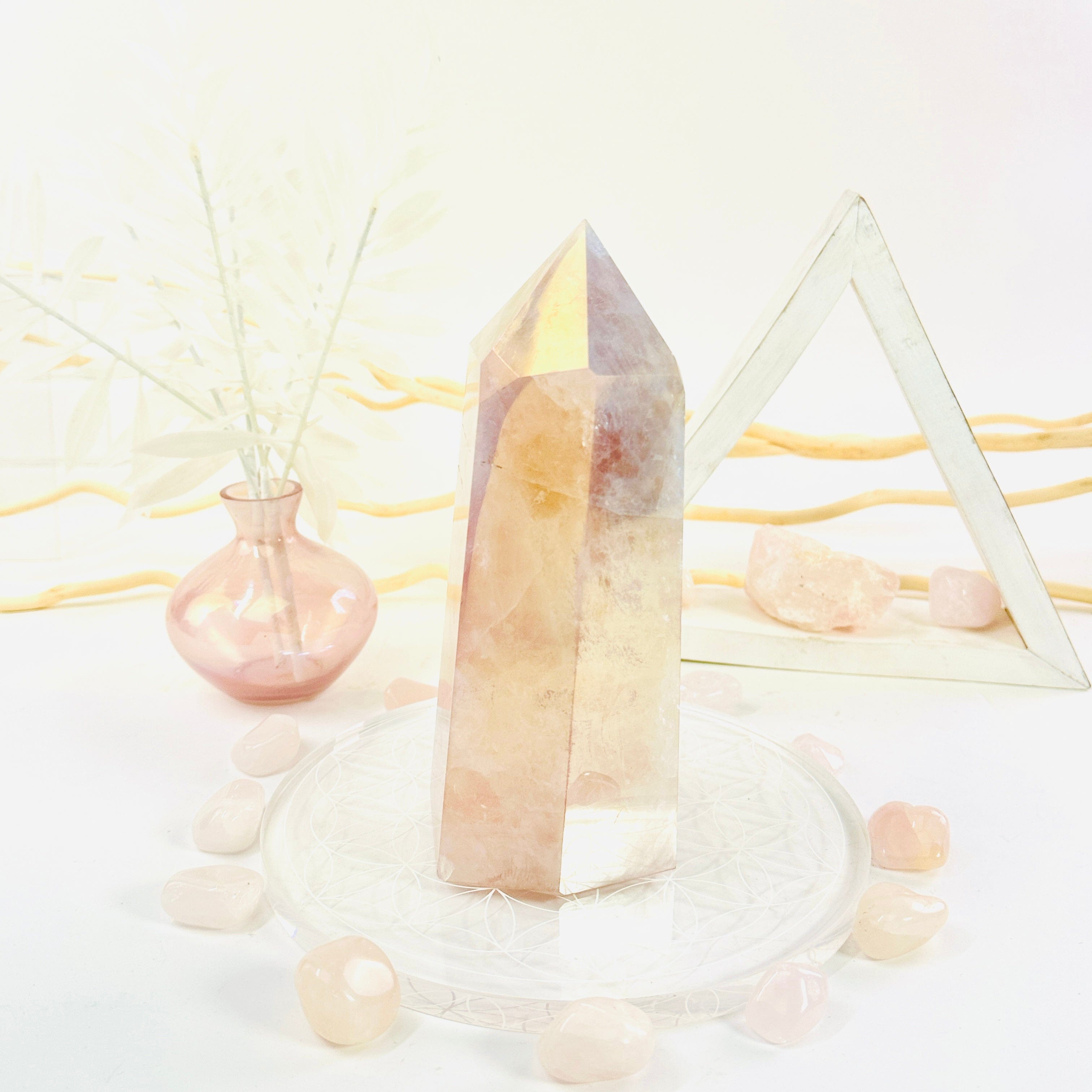 Angel Aura Rose Quartz Polished Point Crystal with Natural Inclusions