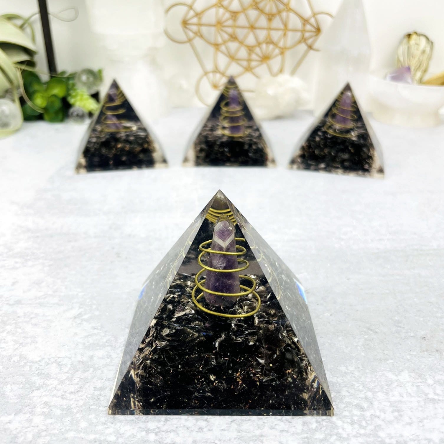 Orgone Tourmaline with Amethyst Point Pyramid - Chakra Reiki Metaphysical Pyramids