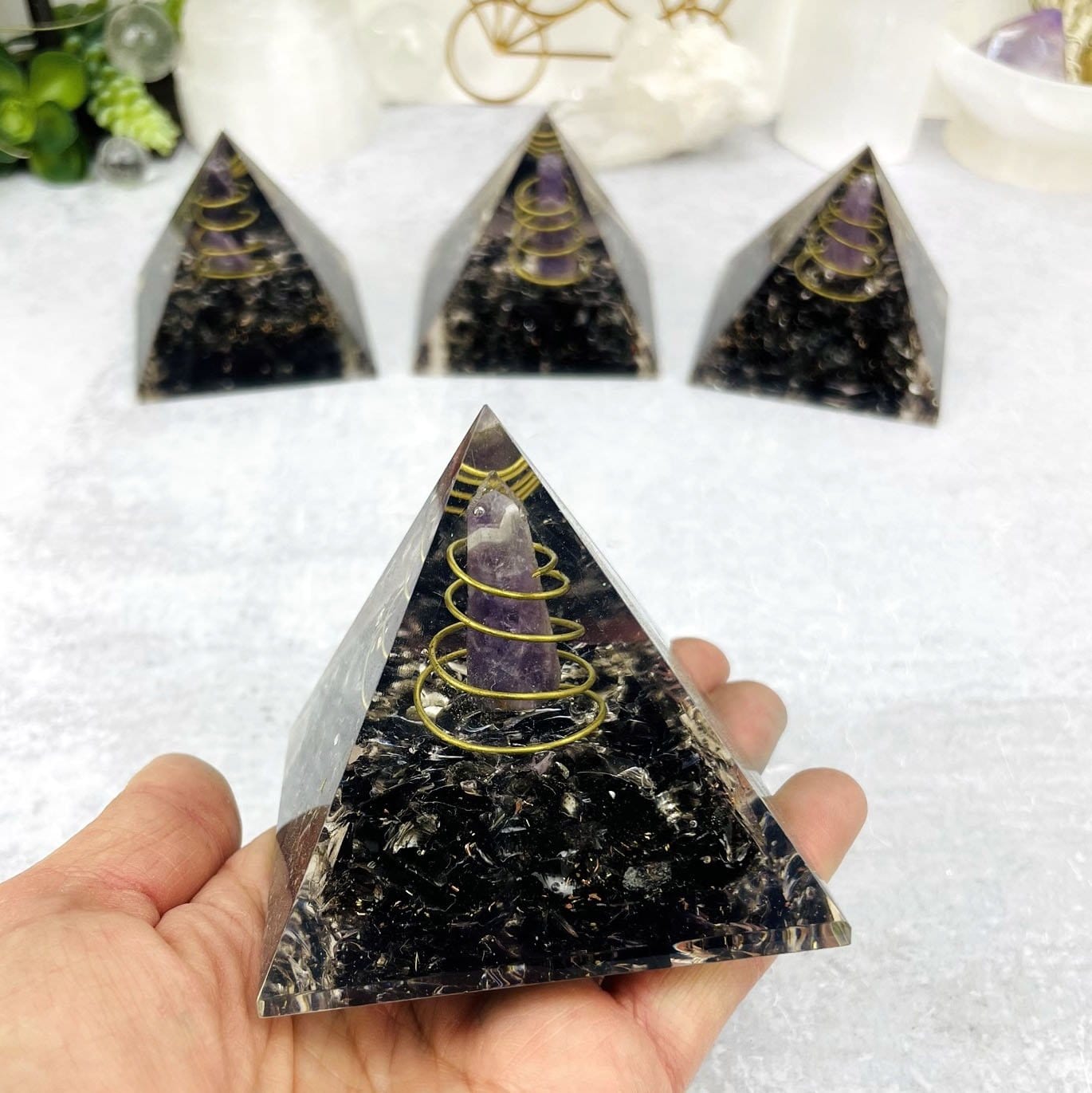 Orgone Tourmaline with Amethyst Point Pyramid - Chakra Reiki Metaphysical Pyramids