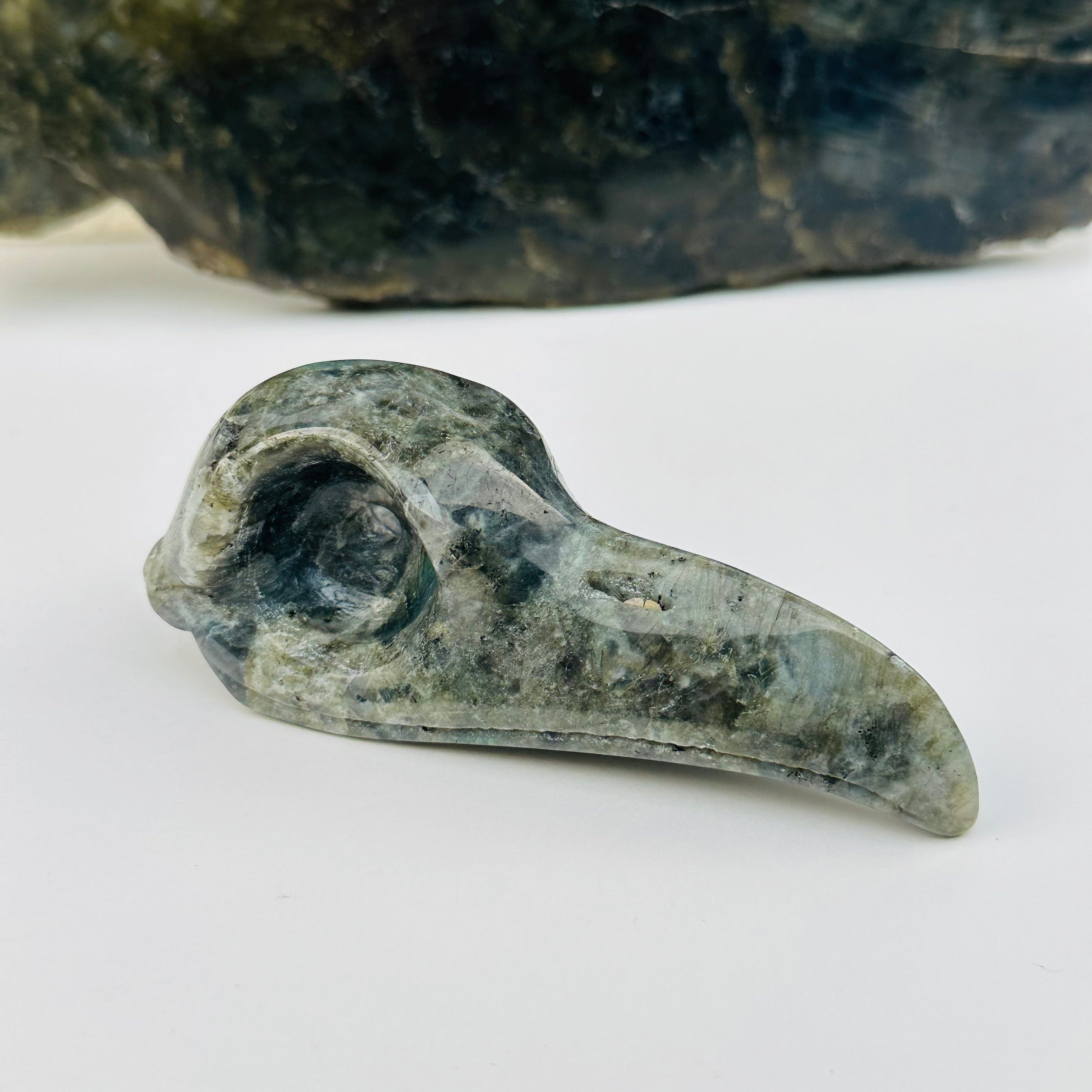 Carved Labradorite Crystal Raven Skull Head