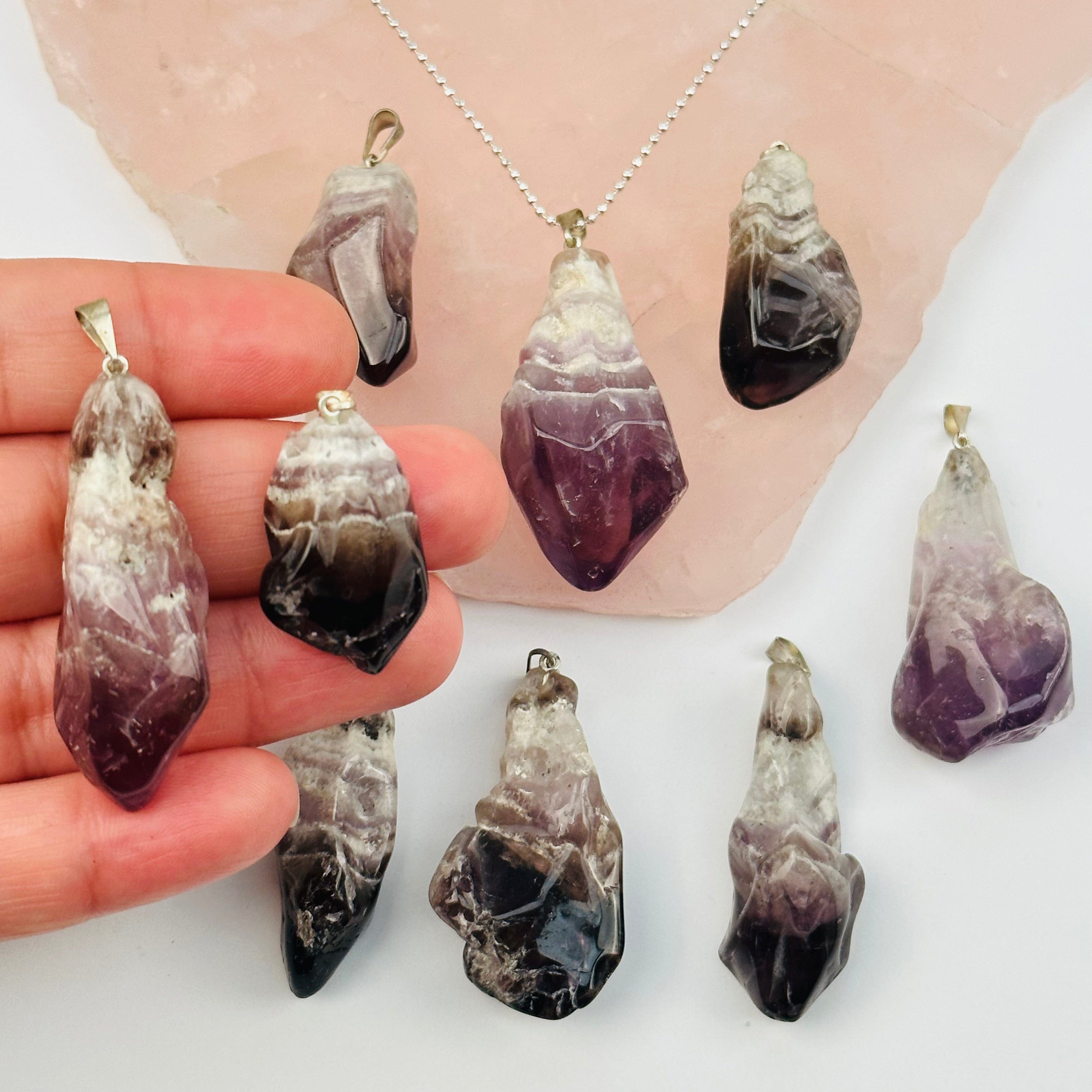 Chevron Amethyst Crystal Polished Point Pendant Charm