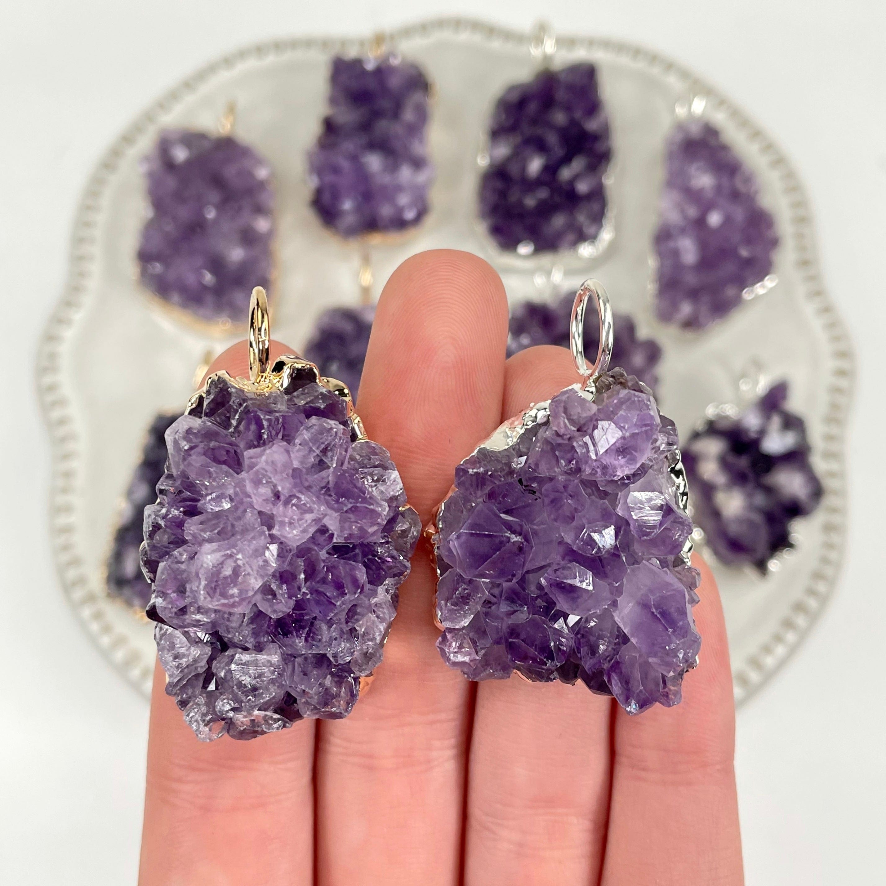 Amethyst Druzy Cluster Pendants with Hoop Bail and Plated Edge