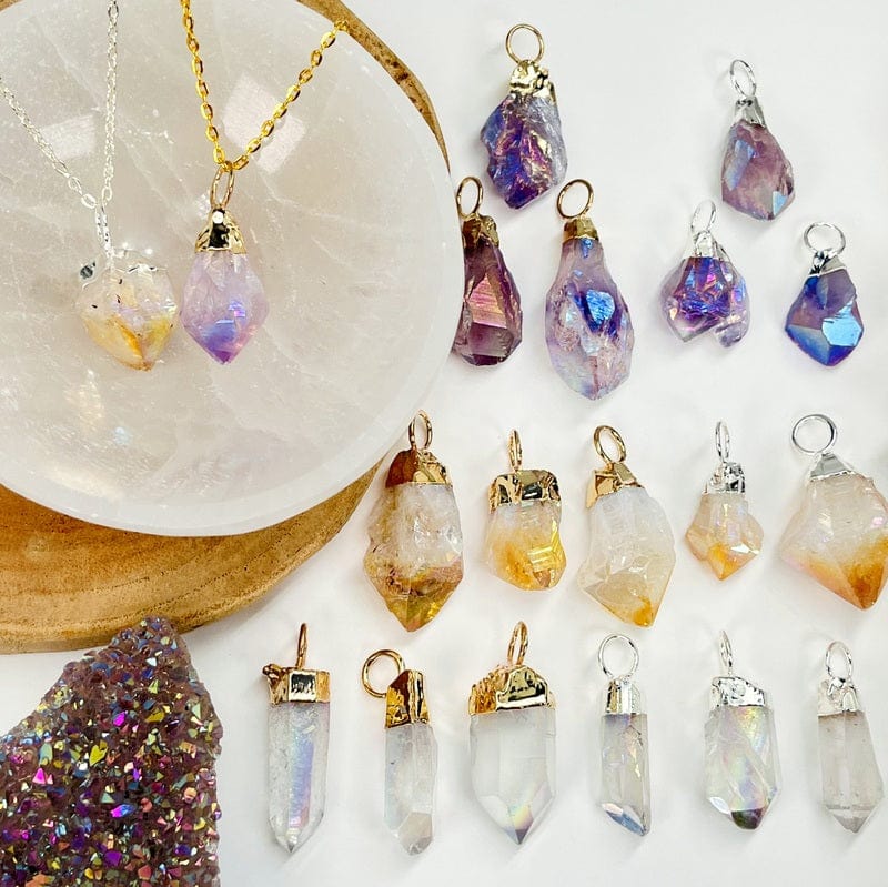 Angel Aura Crystal Point Pendants - Electroplated Silver or Gold Hoop Bails