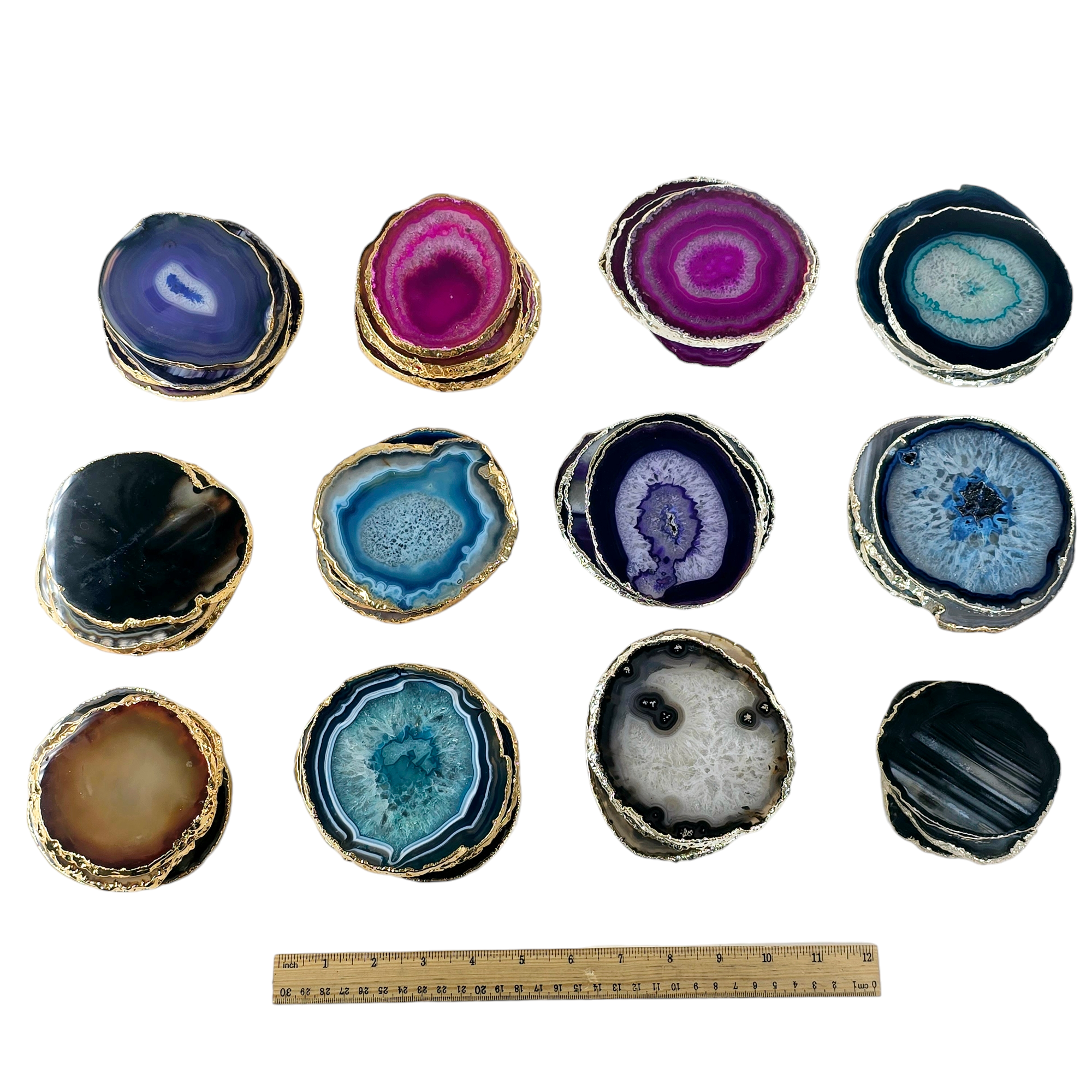 Agate Crystal Coasters 24k Gold or Silver Electroplated Edges - Set of 4 - Choose your Color