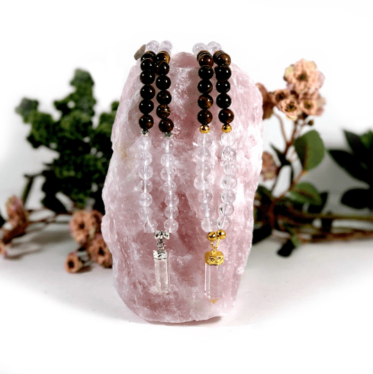 Mala Necklace - Tigers Eye and Crystal Quartz Beads